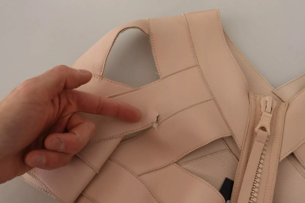 Beige Leather Open Shoulder Sheath Mini Dress