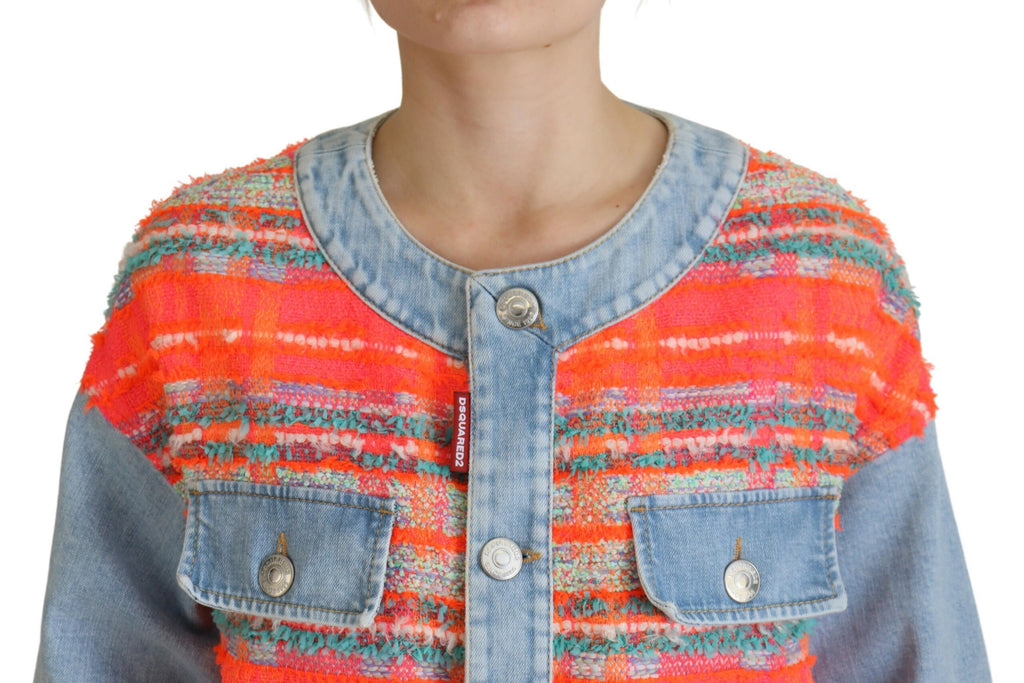 Orange Blue Panelled Button Front Denim Jacket