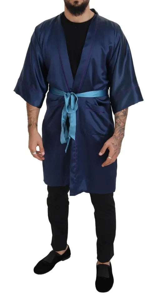 Blue Satin Silk Waist Belt Robe Jacket