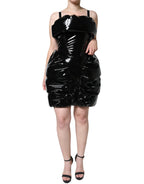 Black Polyester Ruched Coated Mini Dress