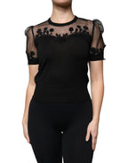Black Floral Lace Short Sleeves Blouse Top