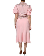 Pink Floral Lace Short Sleeves V-neck Midi Dress
