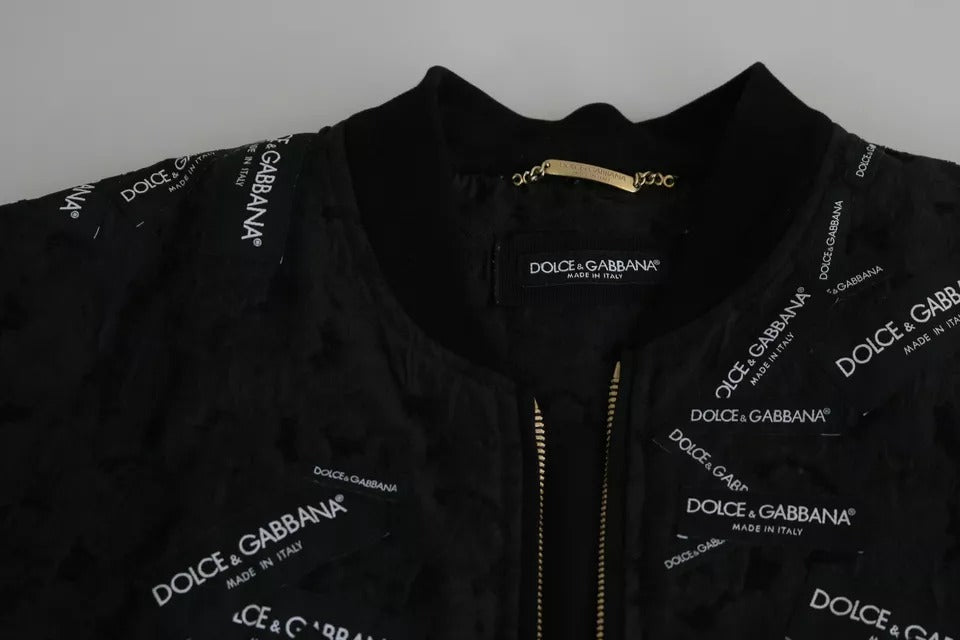 Black Logo Patch Brocade Bomber Full Zip Jacket