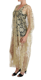 Gold Floral Lace Crystal Gown Cape Dress