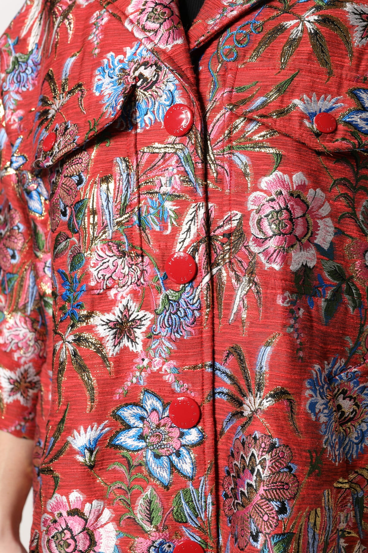 Red Floral Jacquard Button Down Coat Jacket
