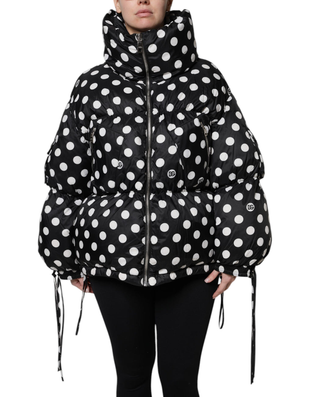 Black White Polka Dot Full Zip Puffer Jacket