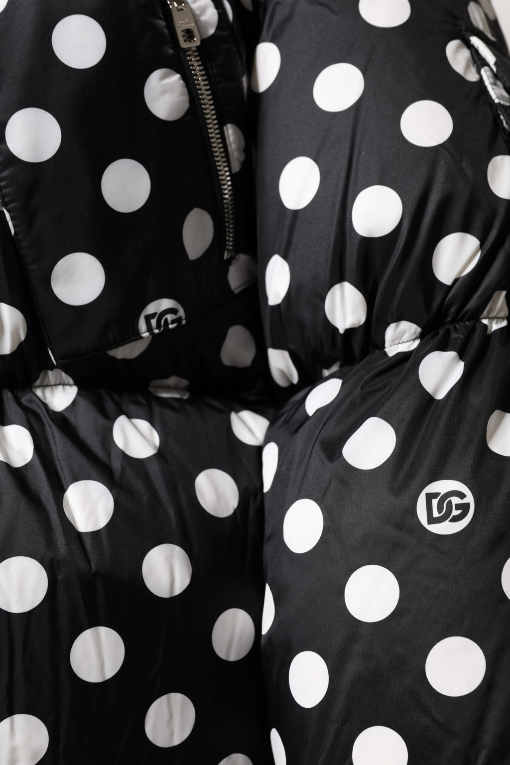 Black White Polka Dot Full Zip Puffer Jacket