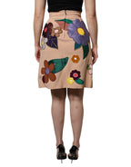 Beige Floral High Waist Pencil Cut Skirt