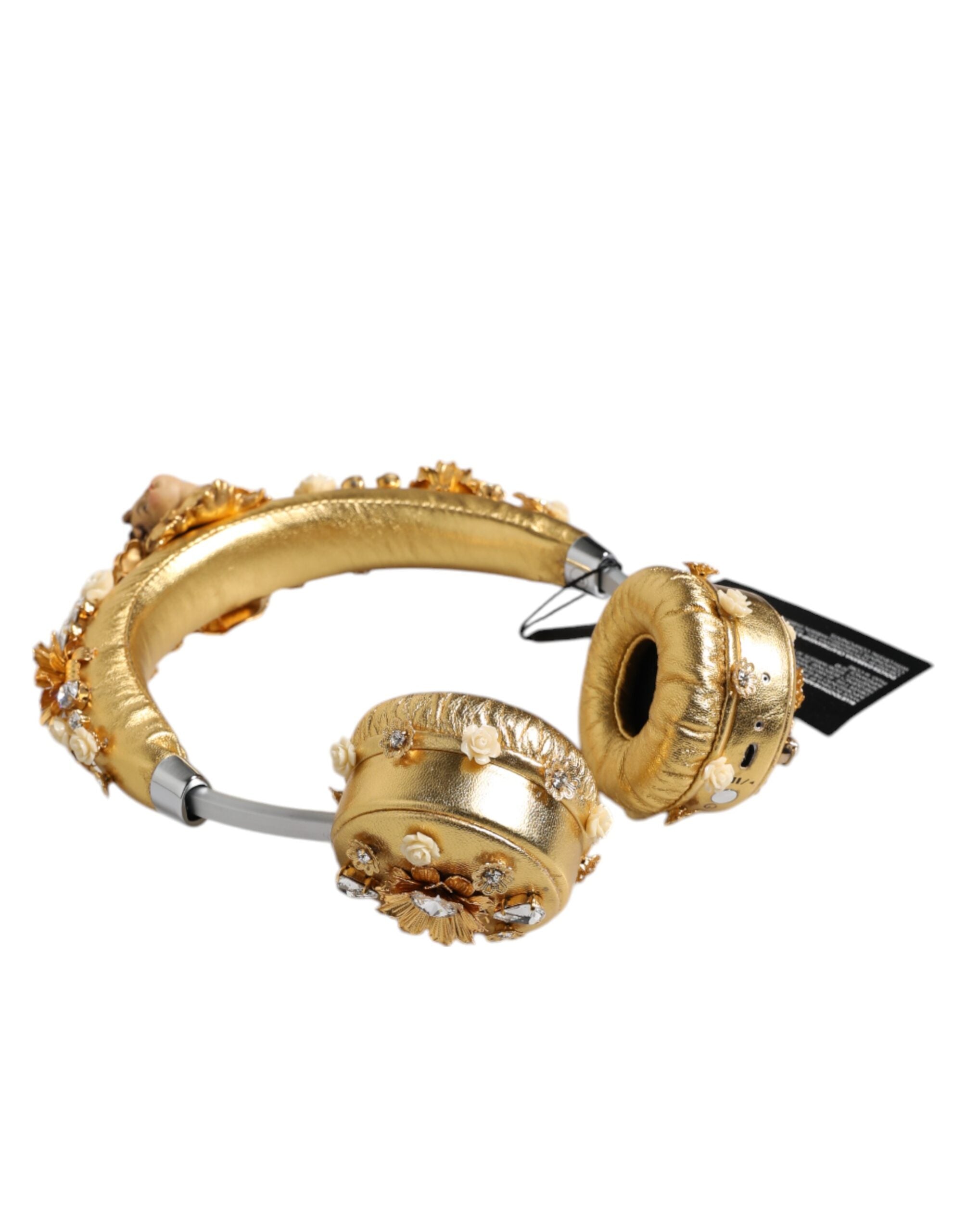 Gold Leather Floral Crystal Angel Headset Headphones