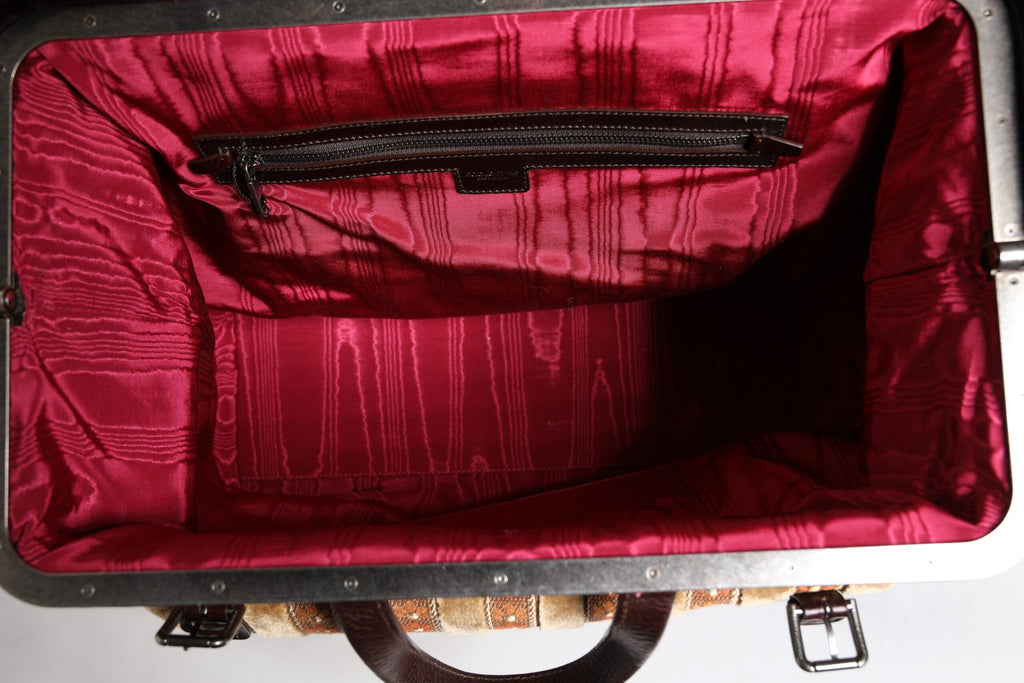 Beige Maroon Velvet Leather Jacquard Travel Handbag Bag