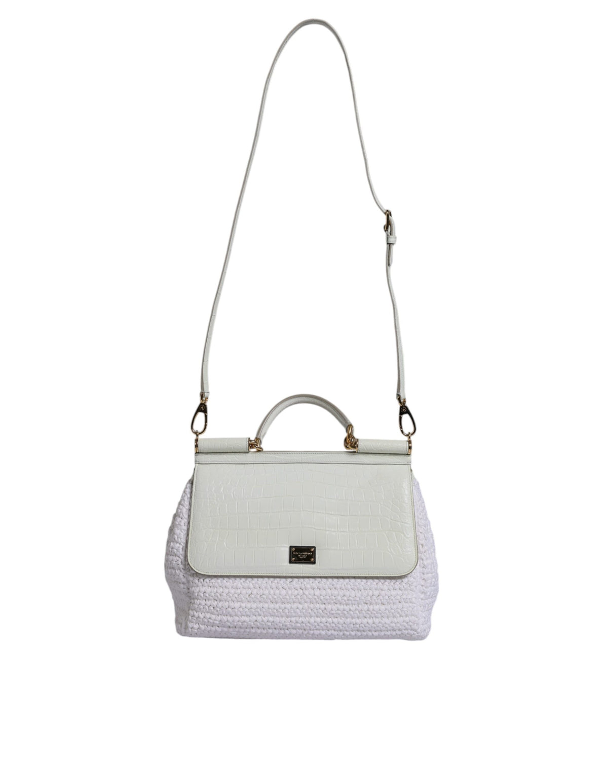 White Rafia Leather Top Handle Crossbody Bag