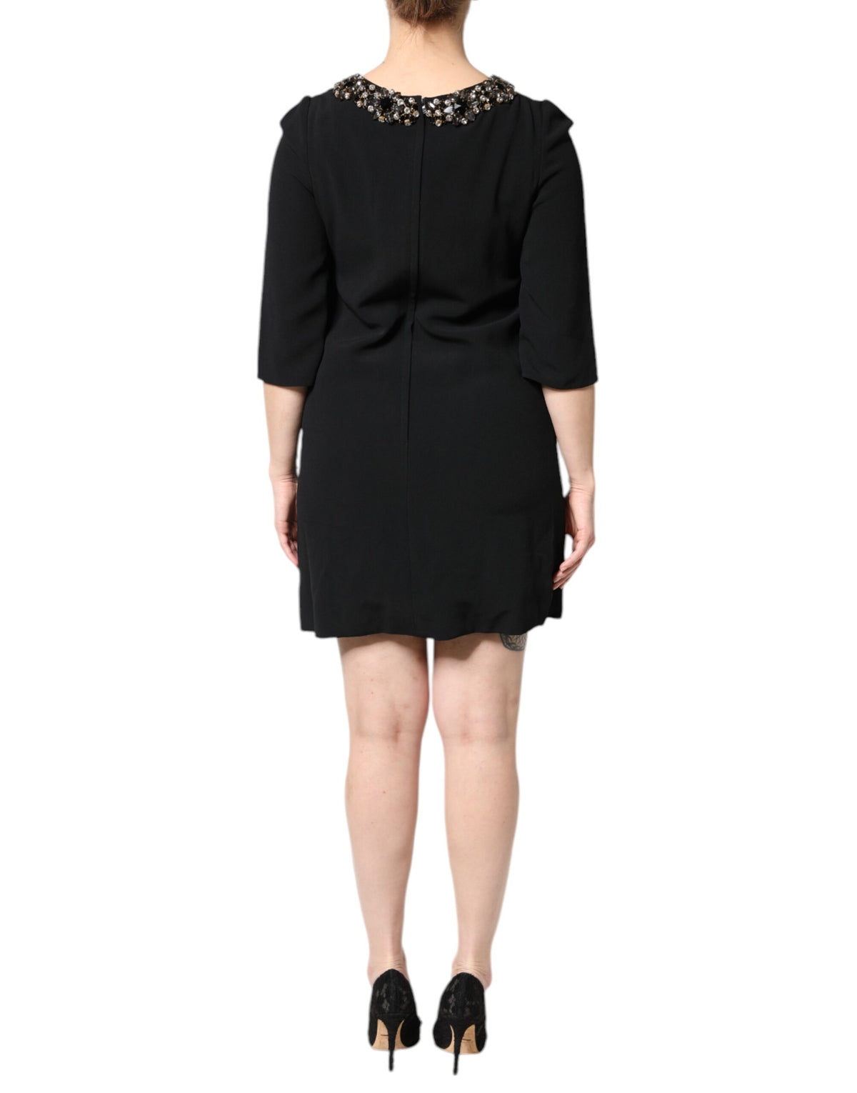 Black Crystal Embellished Round Neck Mini Dress