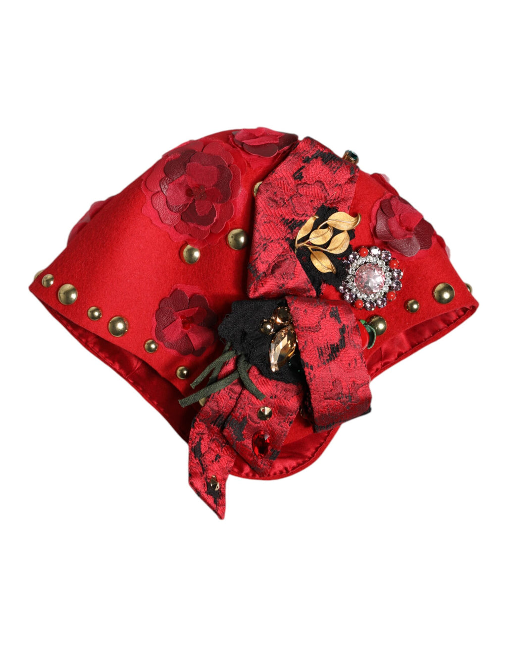 Red Crystal Gold Roses Brooch Embellished Hat