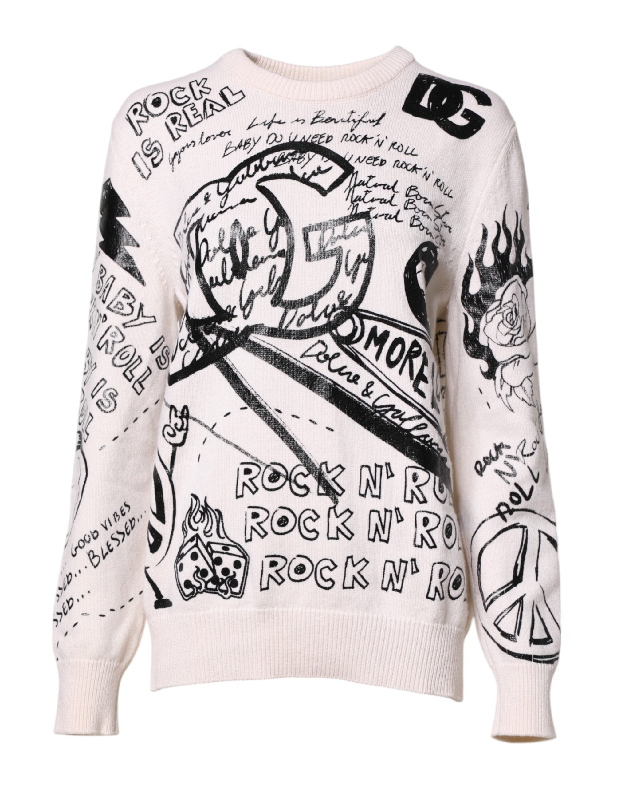White Black Logo Print Women Pullover Sweater