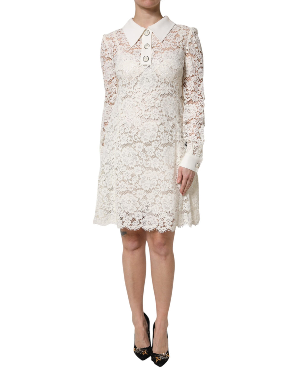 White Floral Lace Long Sleeves Shift Dress