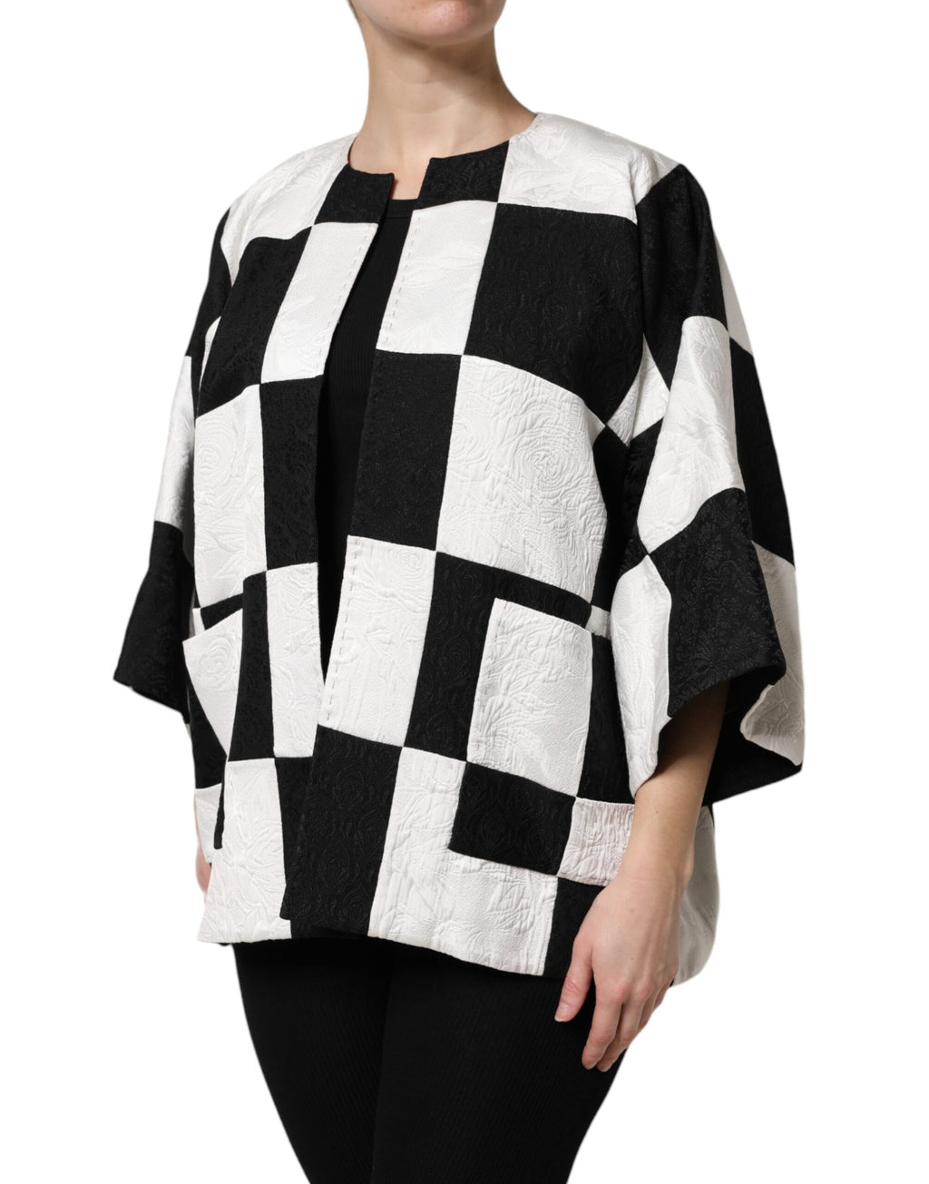 White Black Patchwork Jacquard Blazer Jacket