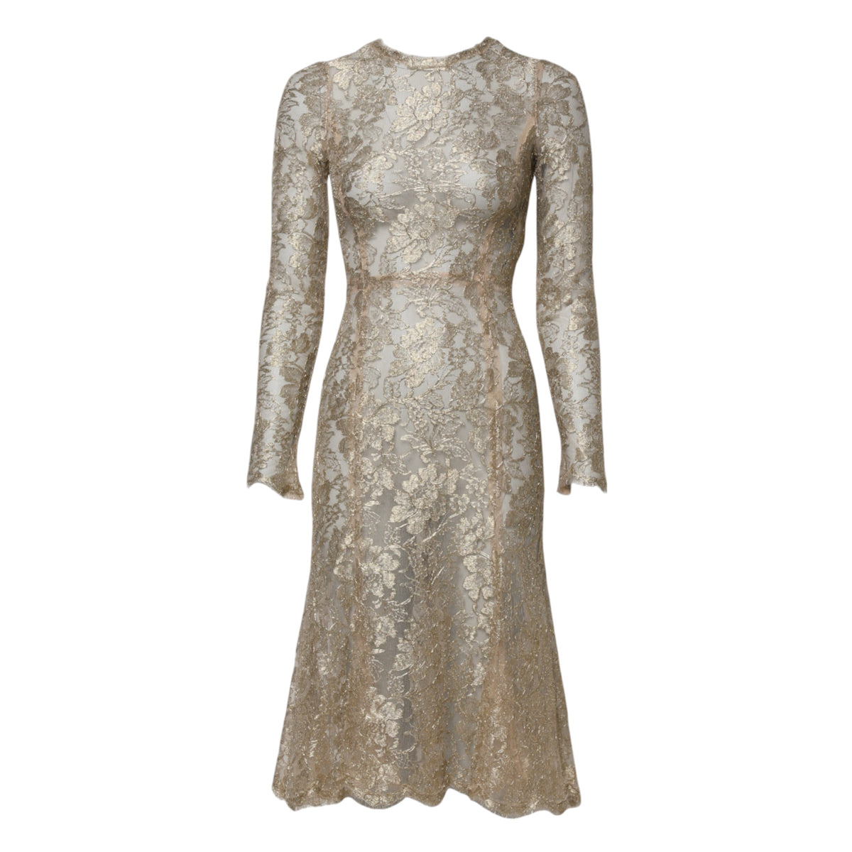 Gold Floral Lace Long Sleeves Fit & Flare Dress
