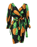 Black Pineapple Print Silk Wrap Mini Dress