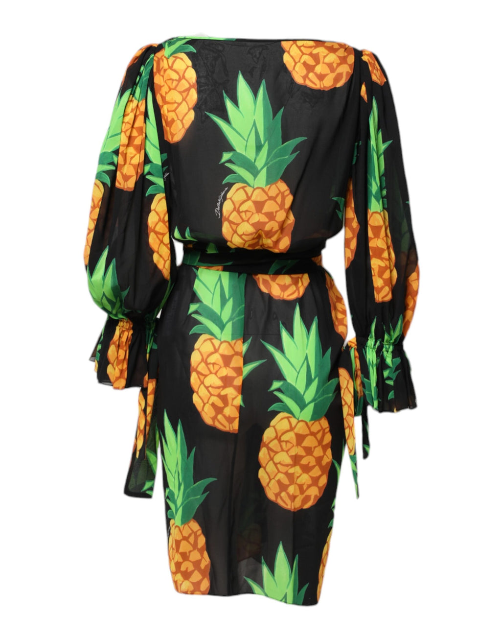 Black Pineapple Print Silk Wrap Mini Dress
