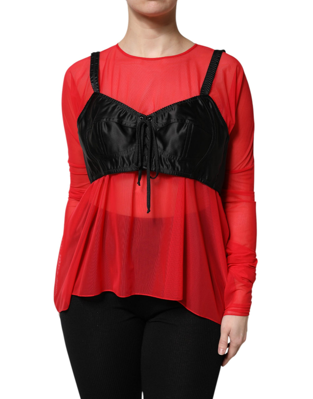 Red Black Bustier Detailing Long Sleeves Top