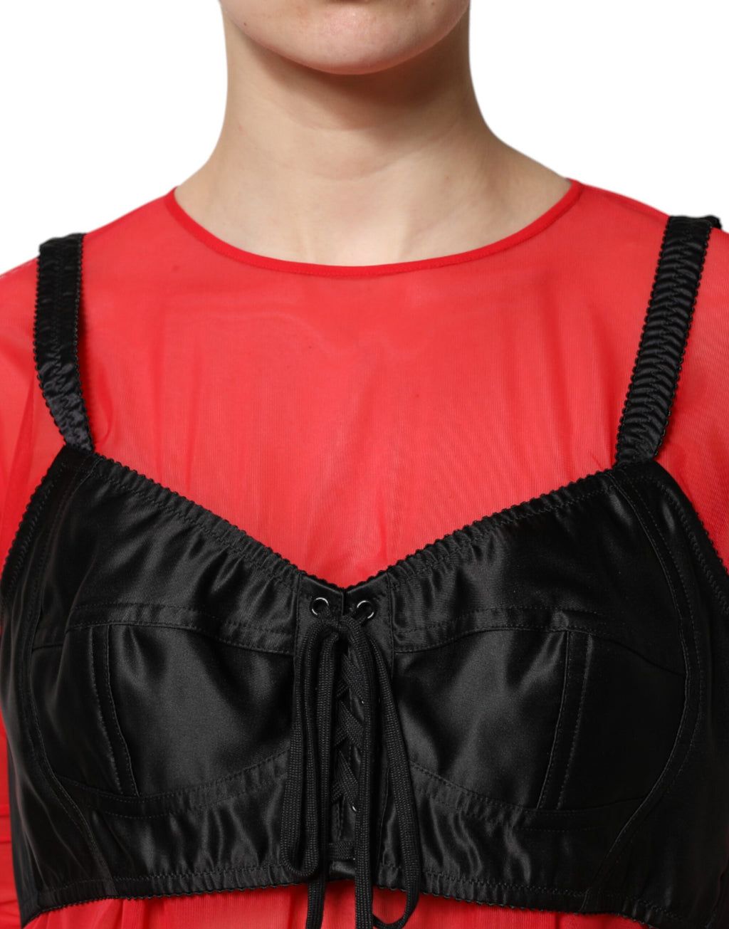 Red Black Bustier Detailing Long Sleeves Top
