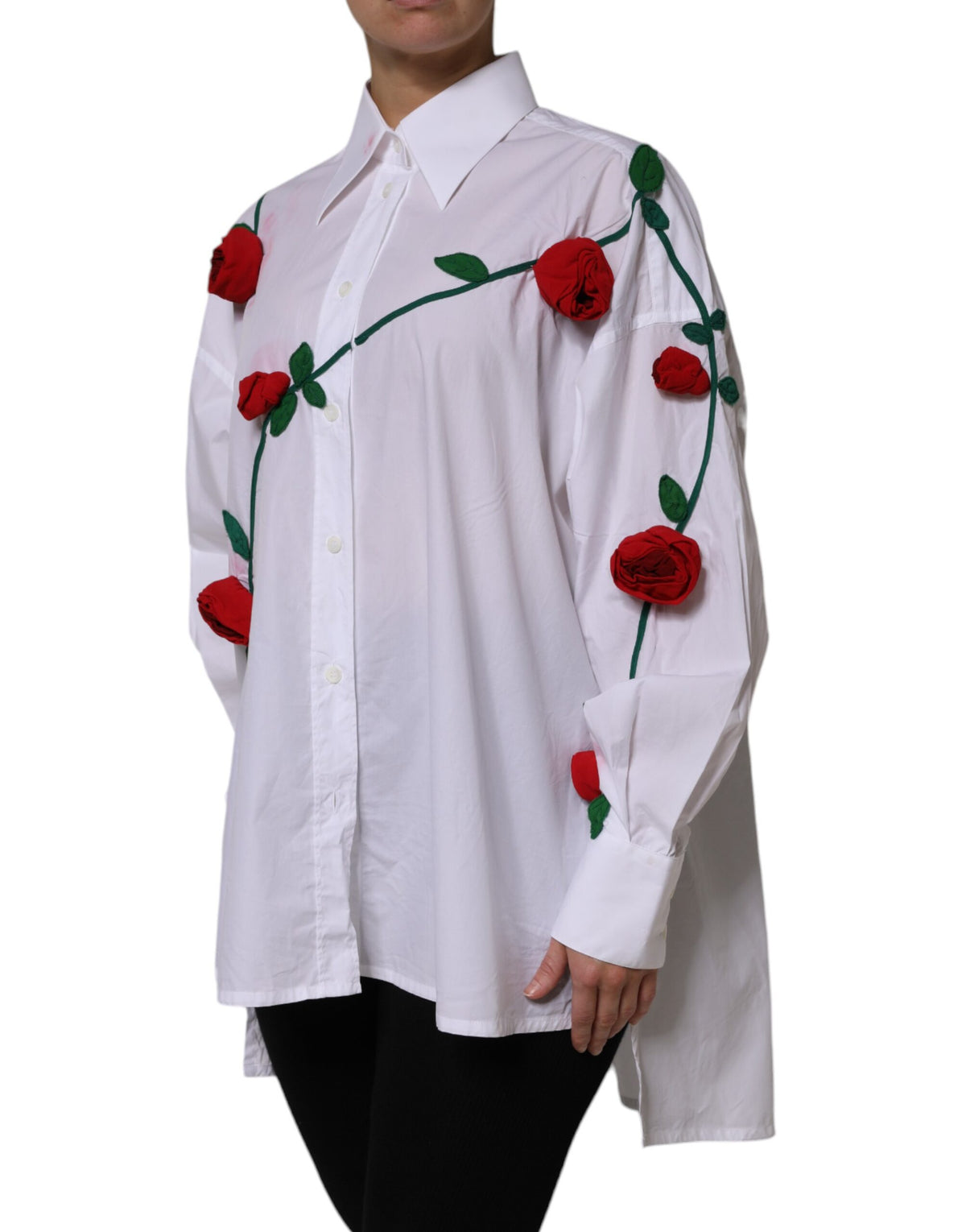 White Cotton Floral Appliques Dress Shirt Top