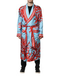 Blue Red Coral Print Wrap Robe Coat Jacket
