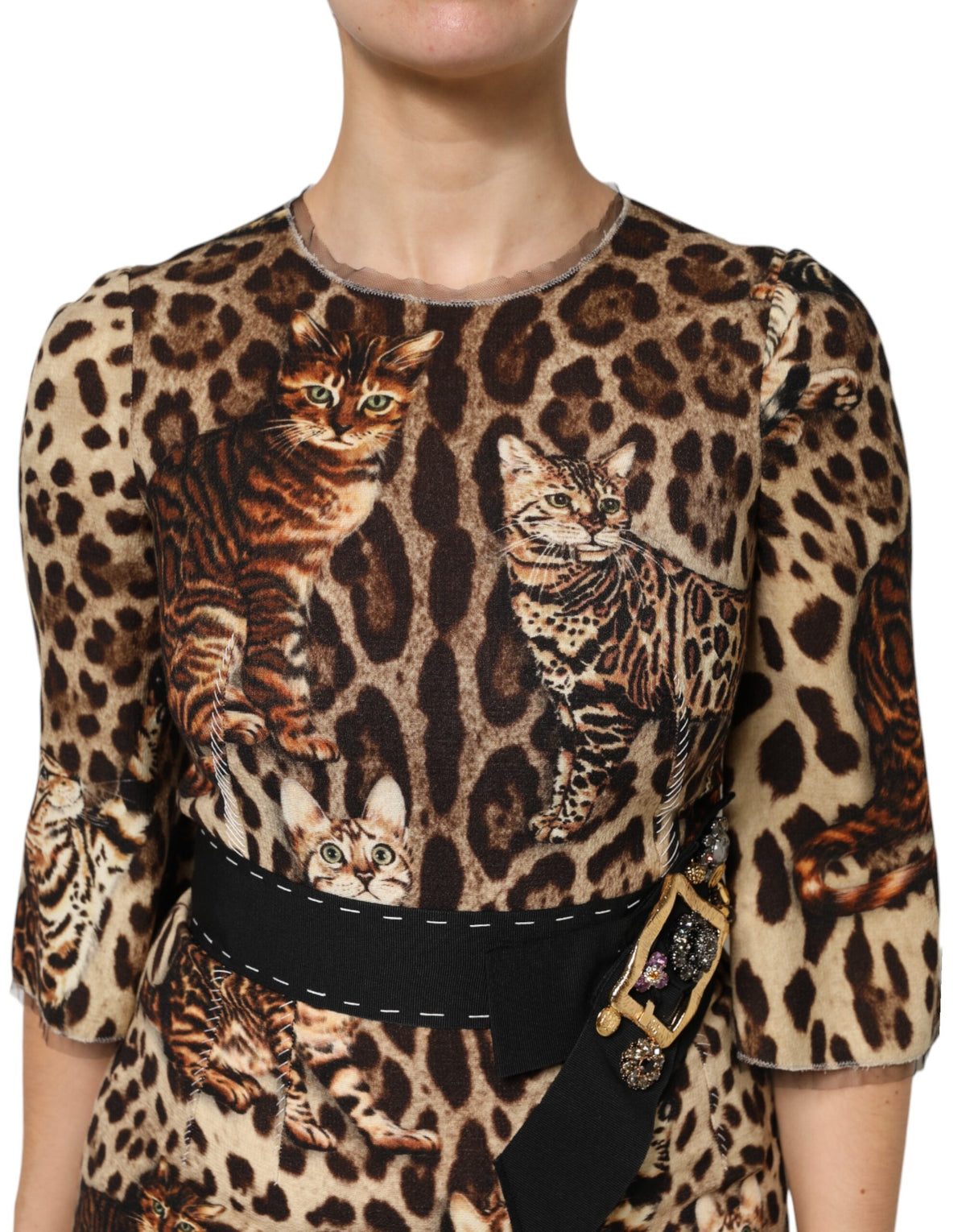Brown Leopard Print Belted A-line Midi Dress