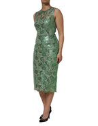 Green Cotton Floral Lace Sheath Midi Dress