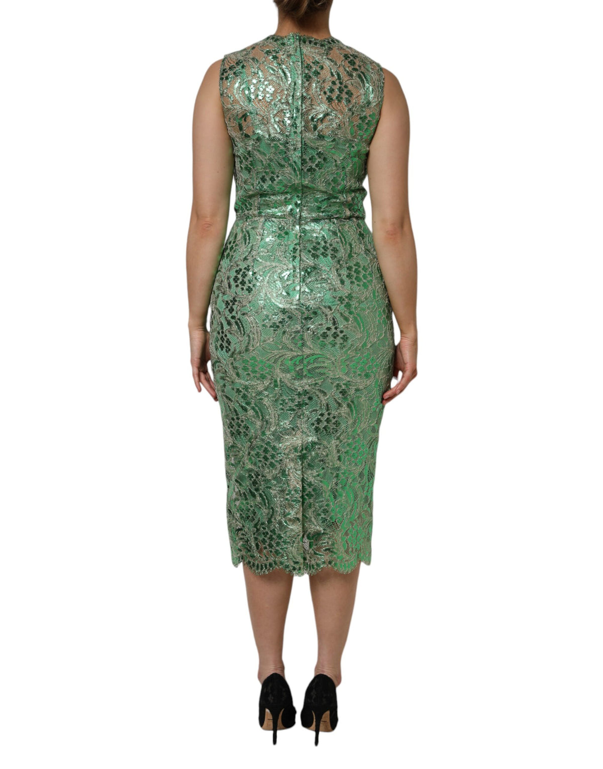 Green Cotton Floral Lace Sheath Midi Dress