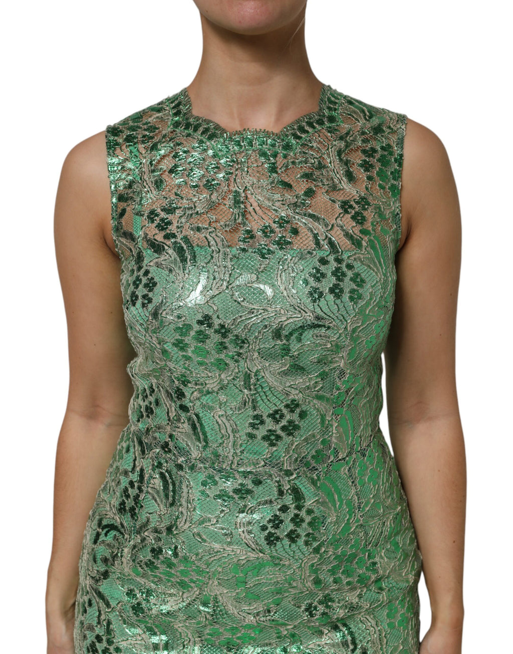 Green Cotton Floral Lace Sheath Midi Dress