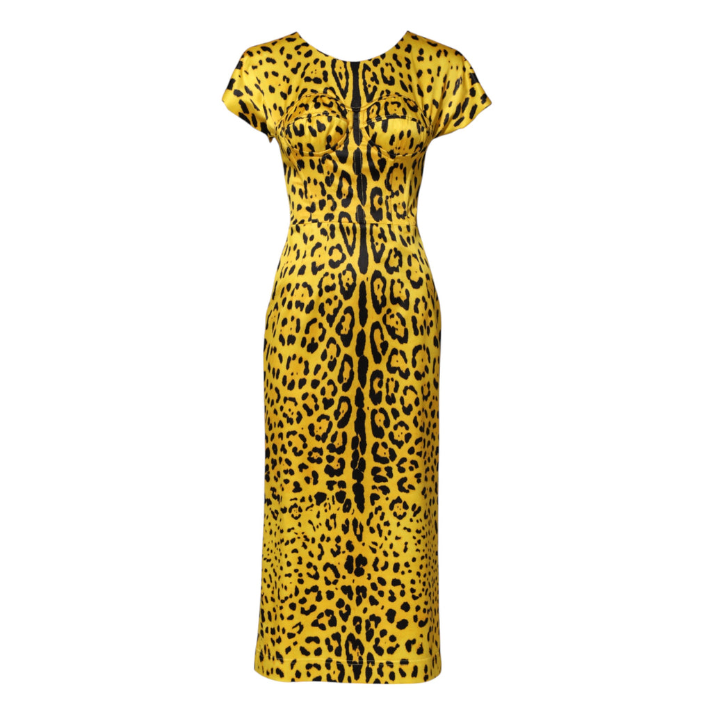 Yellow Polyester Leopard Midi Sheath Dress