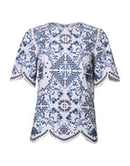 Blue Lace Eyelet Crew Neck Blouse Top