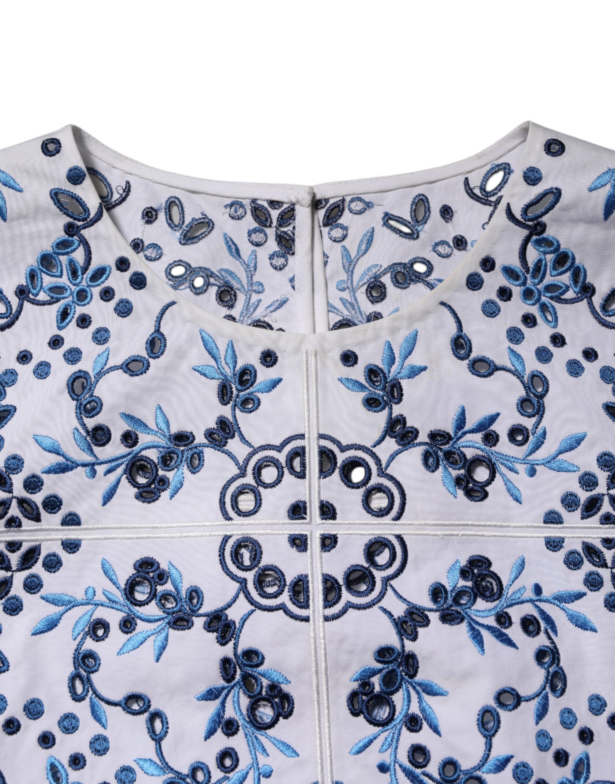 Blue Lace Eyelet Crew Neck Blouse Top