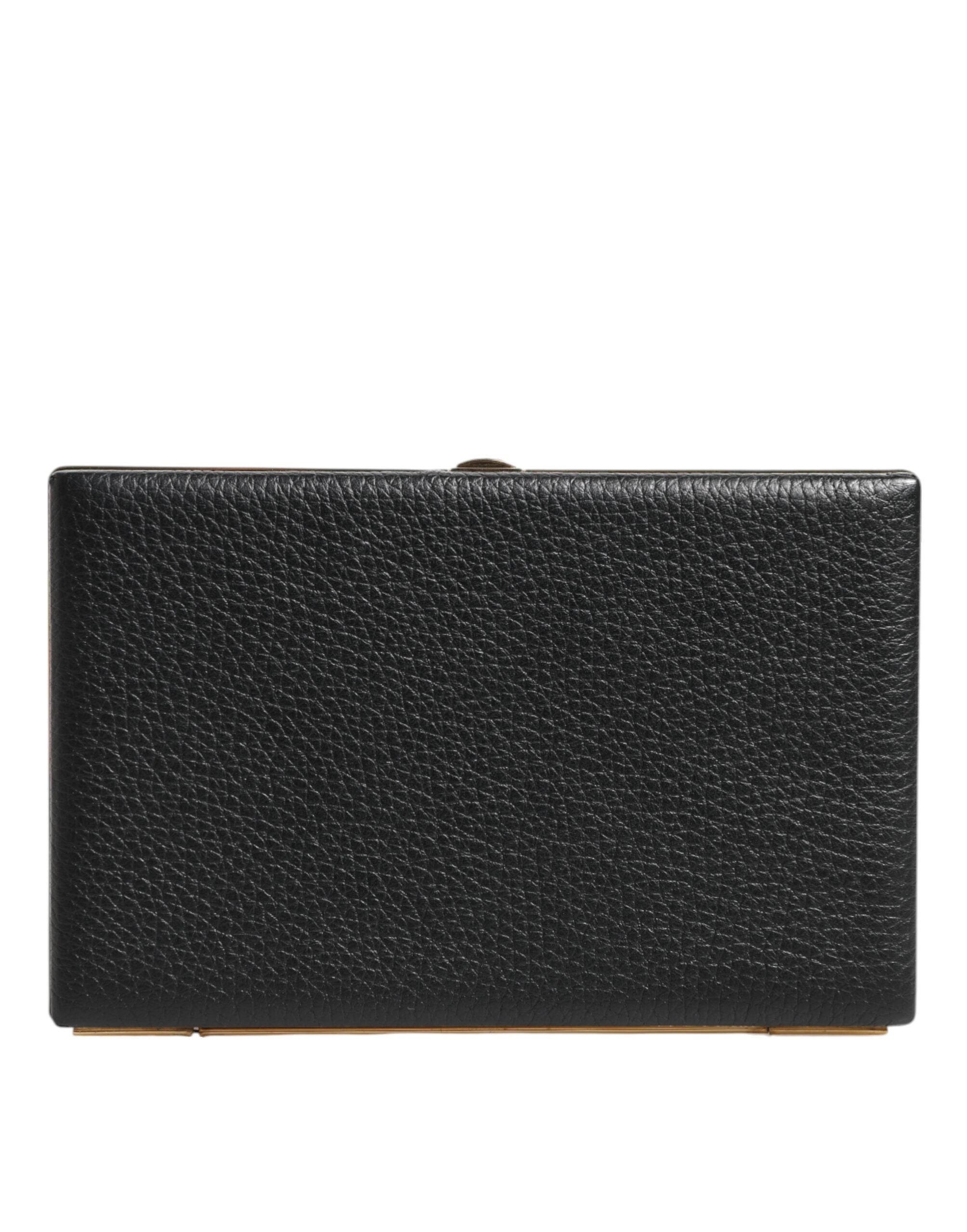 Black Leather Gold Frame Clutch Evening Party Purse Bag
