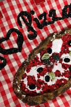 حقيبة يد حمراء بتطريز أحجار الراين على شكل "I Love Pizza"