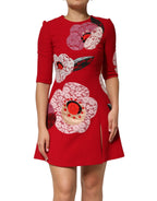 فستان قصير بقصة على شكل حرف A ومزين بالدانتيل الأحمر المطرز بالورود