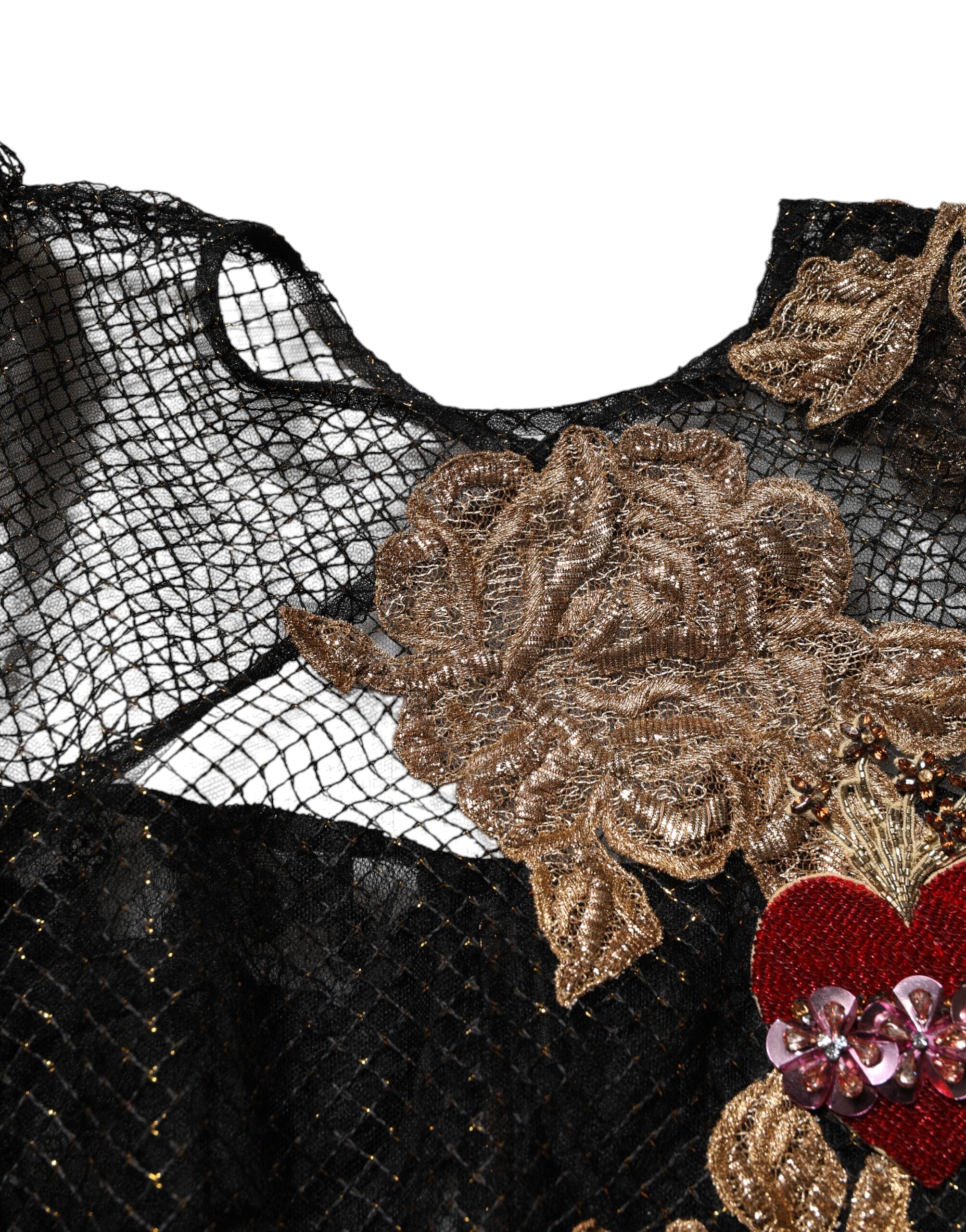 Black Crystal Heart Embellished A-line Dress