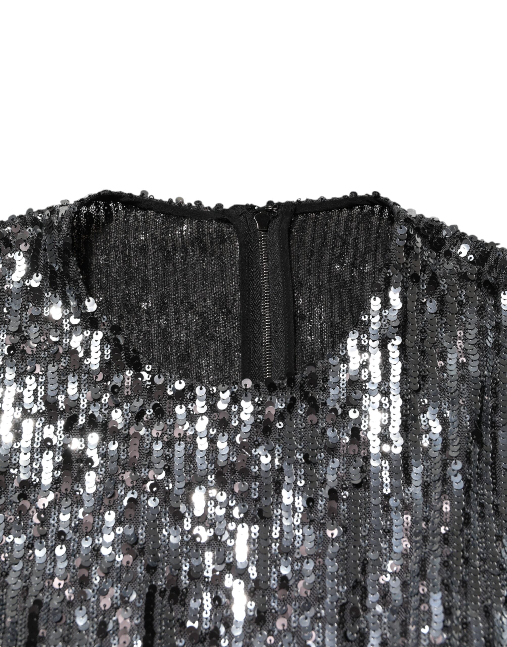 Black Sequined Long Sleeves Midi A-line  Dress