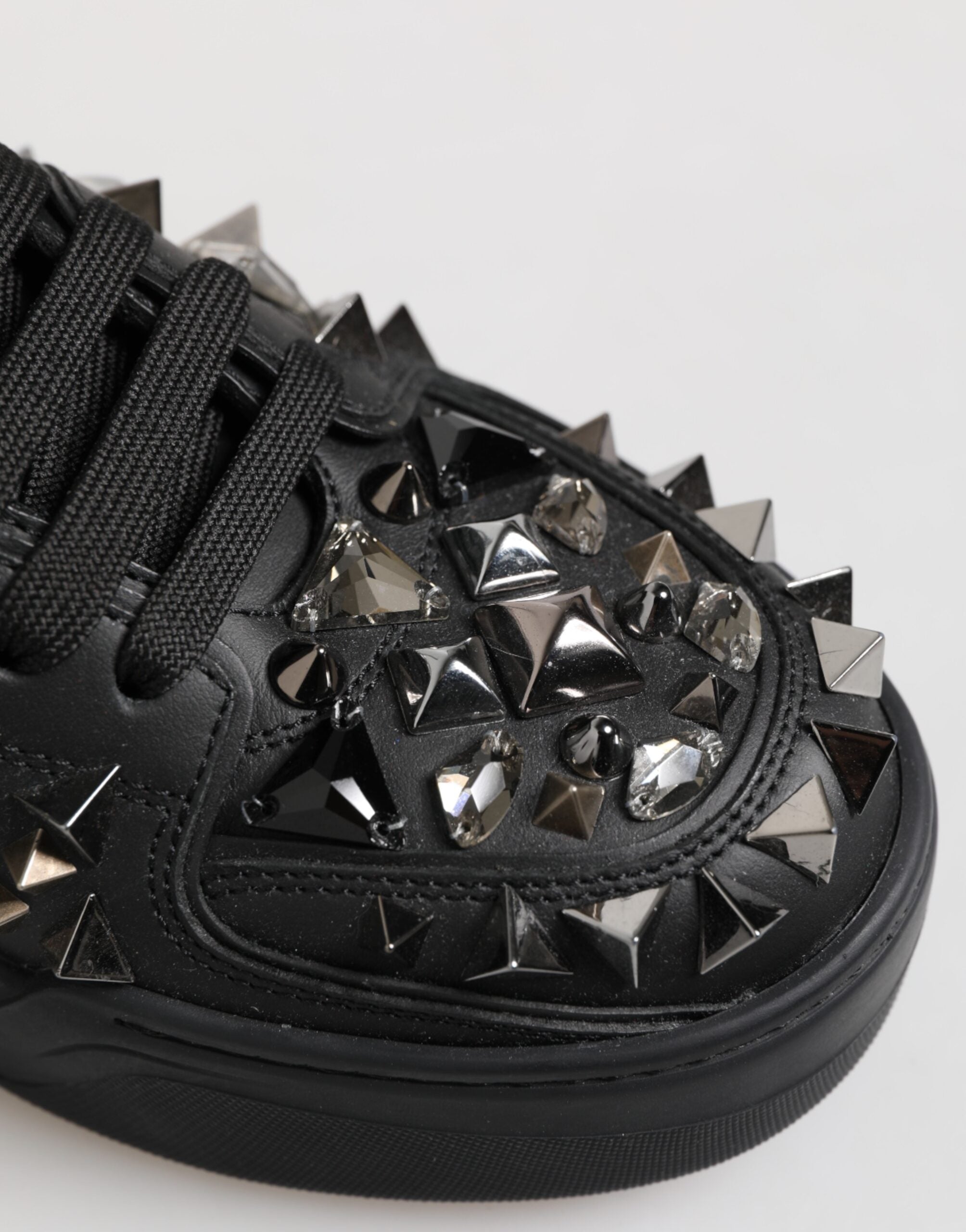 Black Leather Studded Low Top Sneakers Shoes