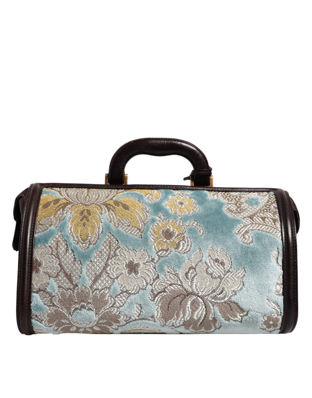 Blue Brown Leather Floral Jacquard Travel Handbag Bag