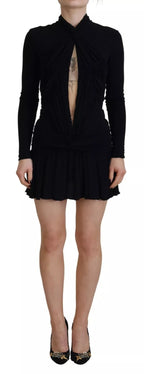Black Viscose Long Sleeves Cut Out Mini Dress