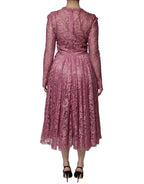Pink Floral Lace Long Sleeve Midi Dress