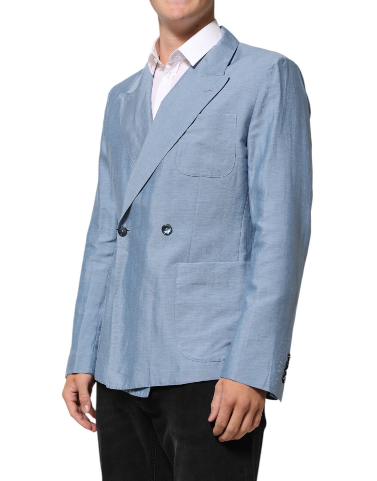 Light Blue Linen Double Breasted Men Jacket Blazer