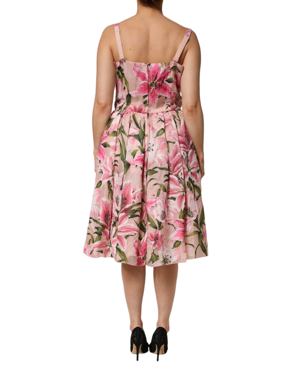 Pink Floral Lily Print Midi Sleeveless Dress