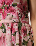 Pink Floral Lily Print Midi Sleeveless Dress