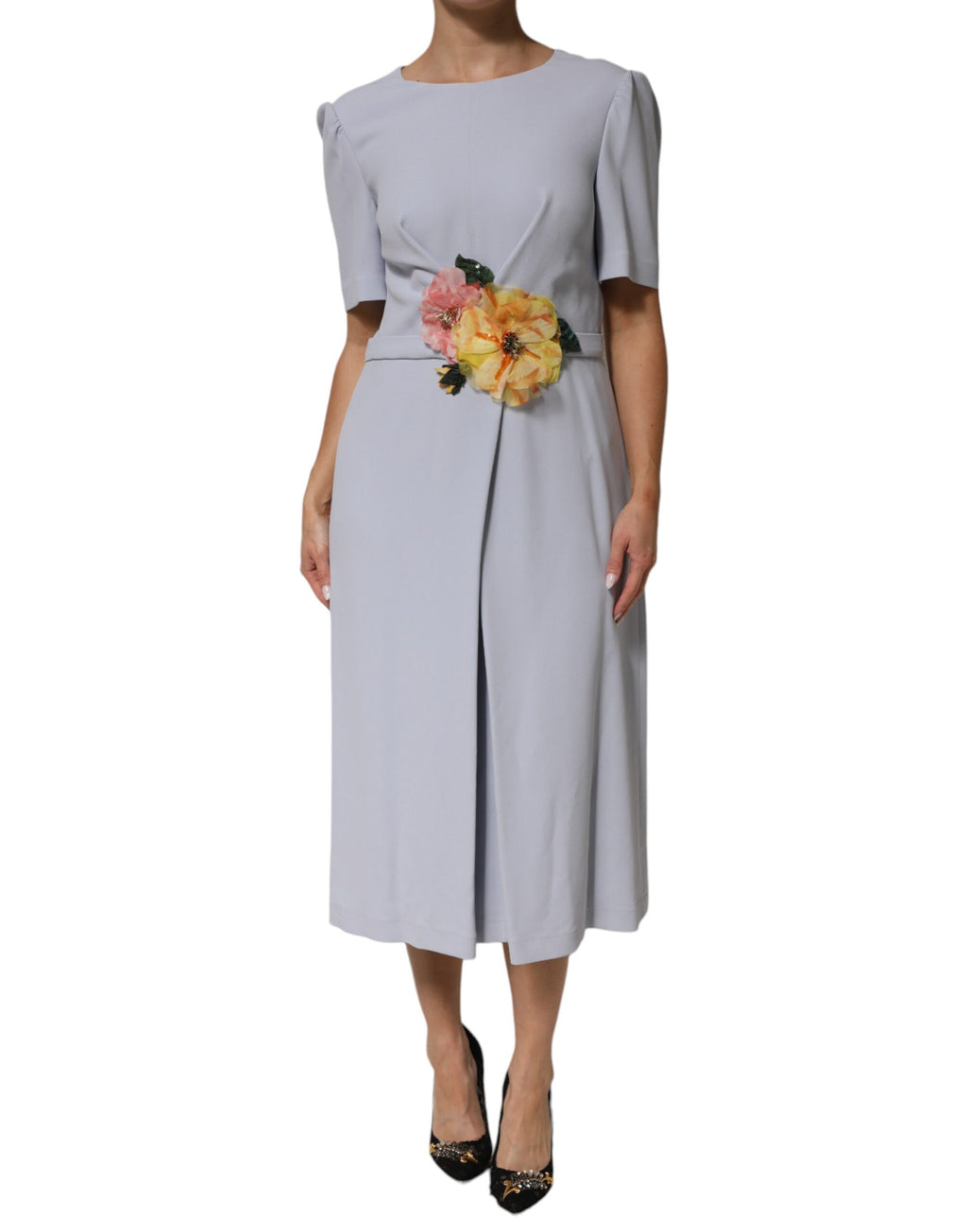 Light Blue Viscose Blend Floral Applique Dress