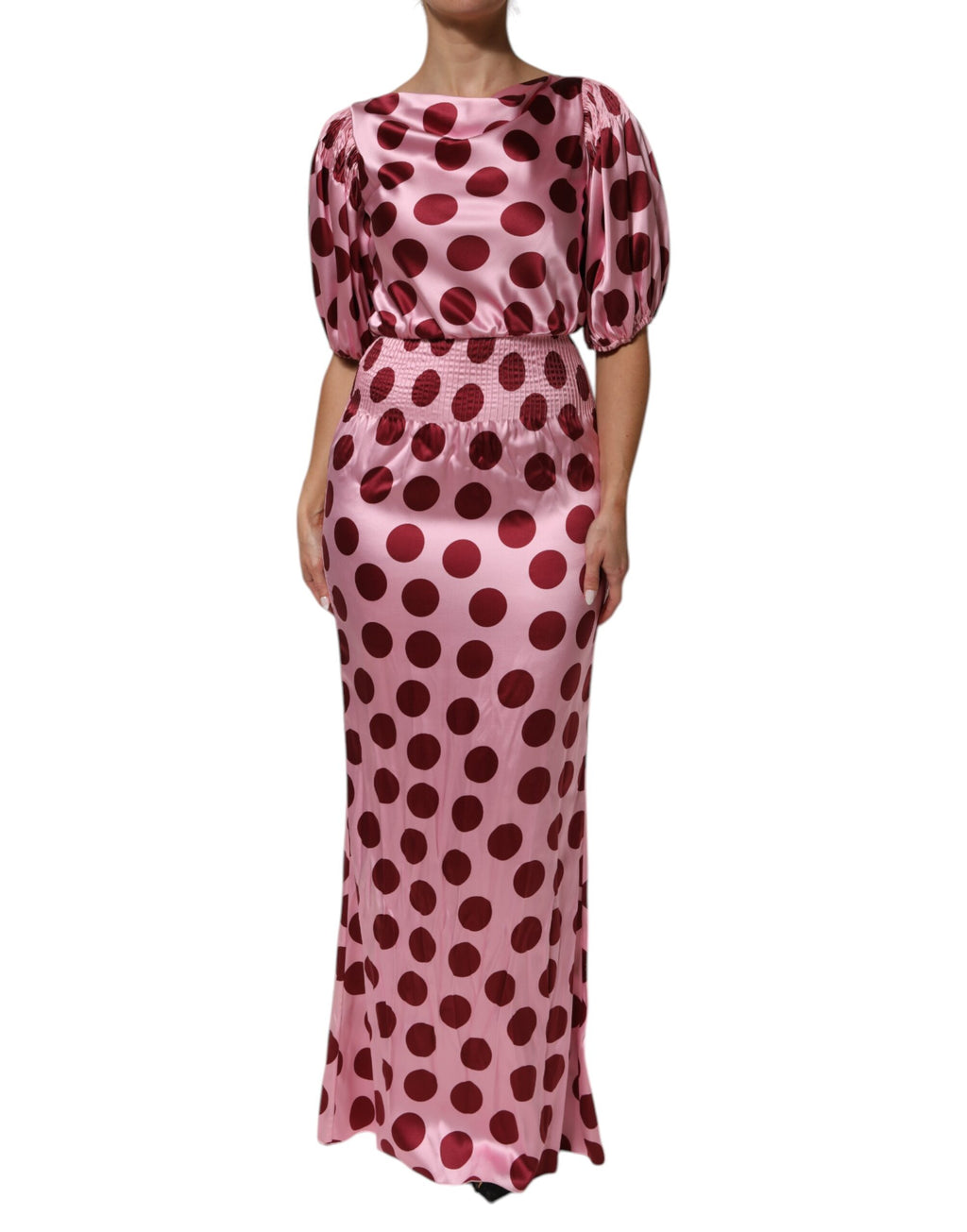 Pink Red Polka Dot Silk Satin Maxi Gown Dress