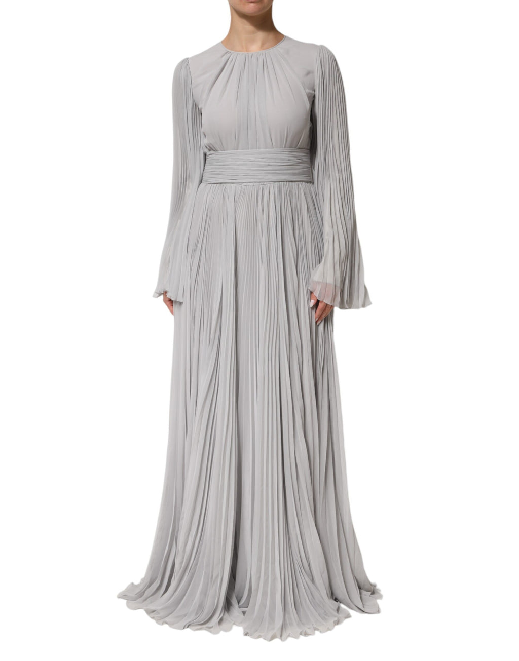 Grey Pleated Maxi Long Sleeve Silk Blend Gown Dress