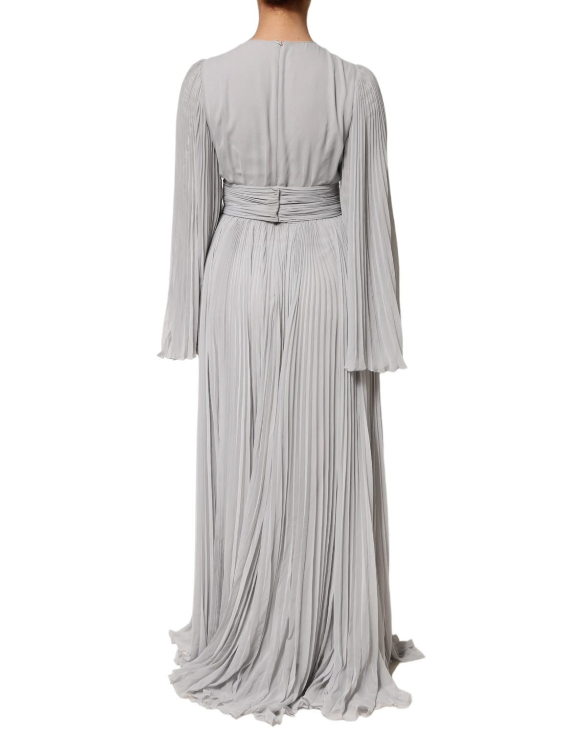 Grey Pleated Maxi Long Sleeve Silk Blend Gown Dress